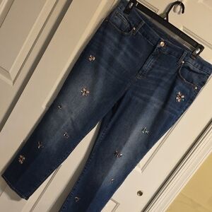 Chico's Dark Blue Floral Embroidered Jeans